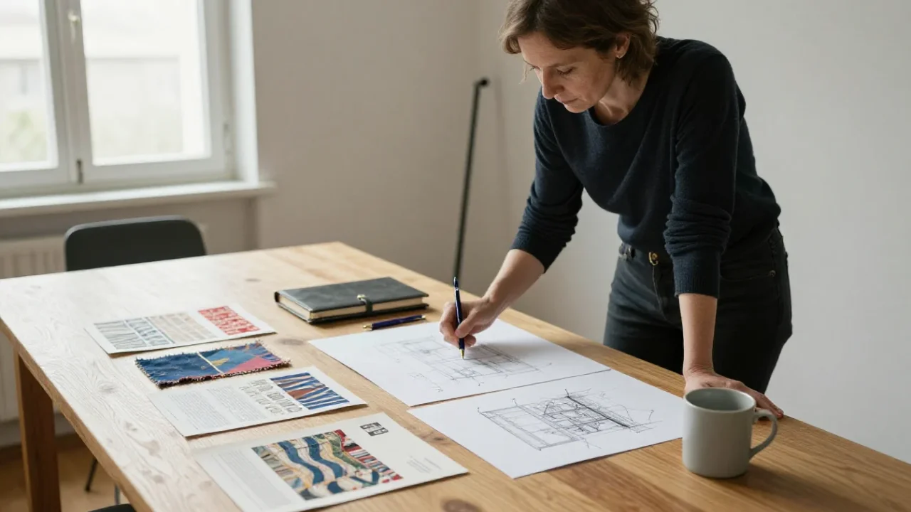 Une femme française examine divers documents pour illustrer la synthèse des sujets du quotidien.